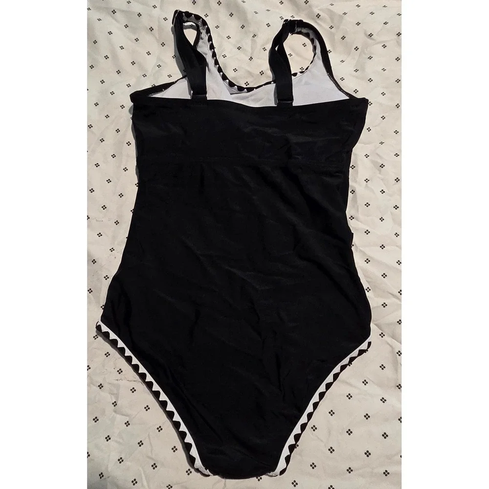 Black One Piece Swimsuit White Scalloped Trim Square Neck Girls Size‎ 13-14Y